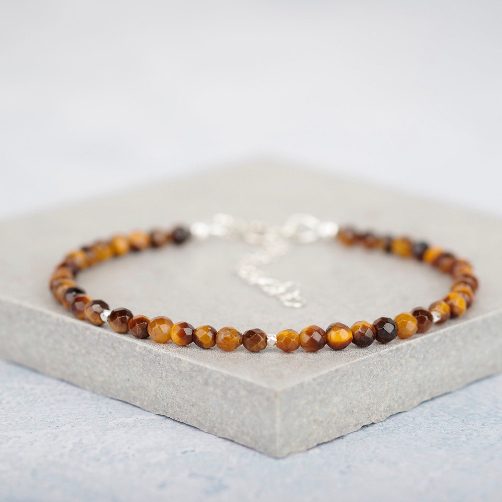 Tigers Eye Bracelet Brown Natural Gemstone Sterling Silver Beaded Handmade 42$